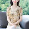 Summer New Chiffon Shirt Short Sleeve Doll Neck Patchwork Floral Top Women's Loose Fitting Mother's Bottoming Blouse M-5XL