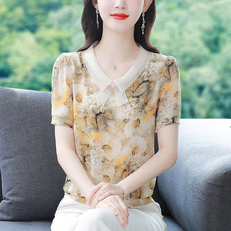 Summer New Chiffon Shirt Short Sleeve Doll Neck Patchwork Floral Top Women's Loose Fitting Mother's Bottoming Blouse M-5XL