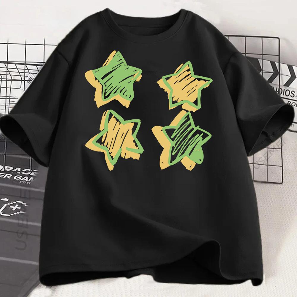 "Star" Print T Shirt  Crew Neck Comfortable Short Sleeve Tshirt Summer Cute Pullover Girls Boy T-Shirt  Women Clothing Tops