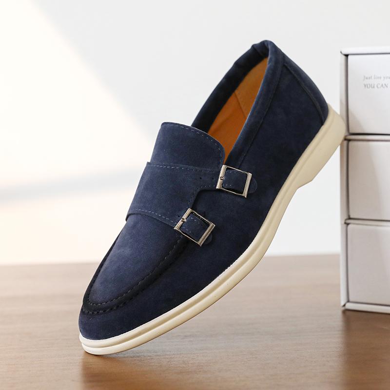 New Men's Pointed Slip On Suede Leather Dress Casual Shoes Male Monk Strap Loafers Wedding Dress Business Homecoming Footwear