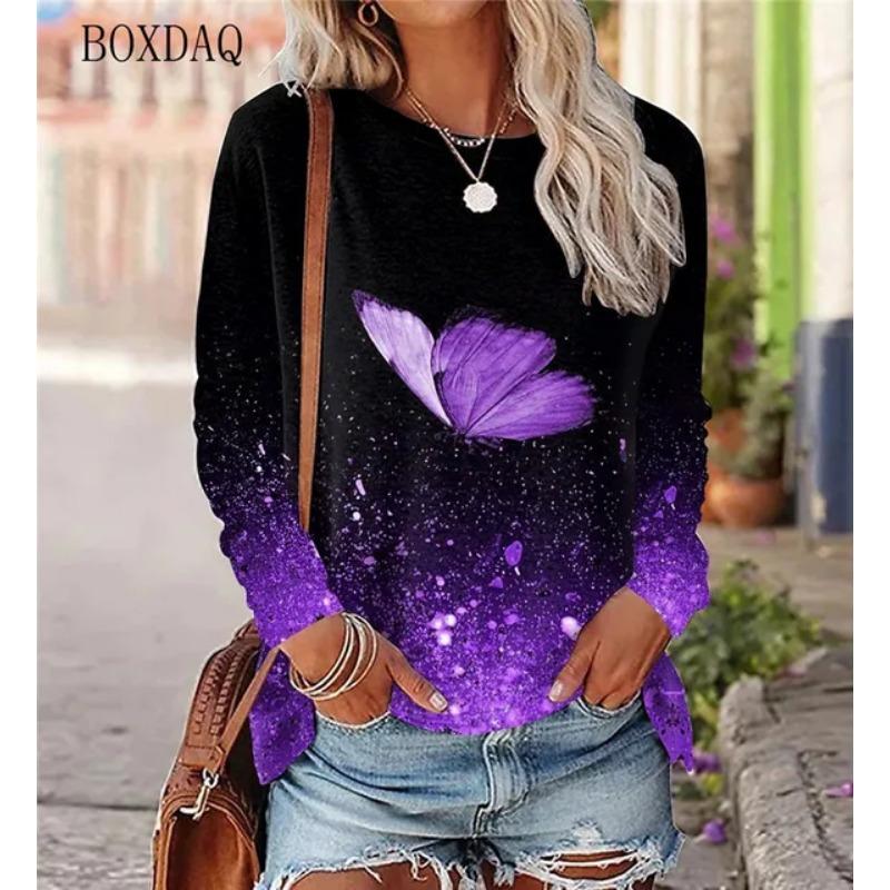 Butterfly Pattern Women Street Hip Hop T-Shirts Long Sleeve Spring Autumn 3d Tie-dye Print Fashion Ladies Tees 6XL Big Size Tops