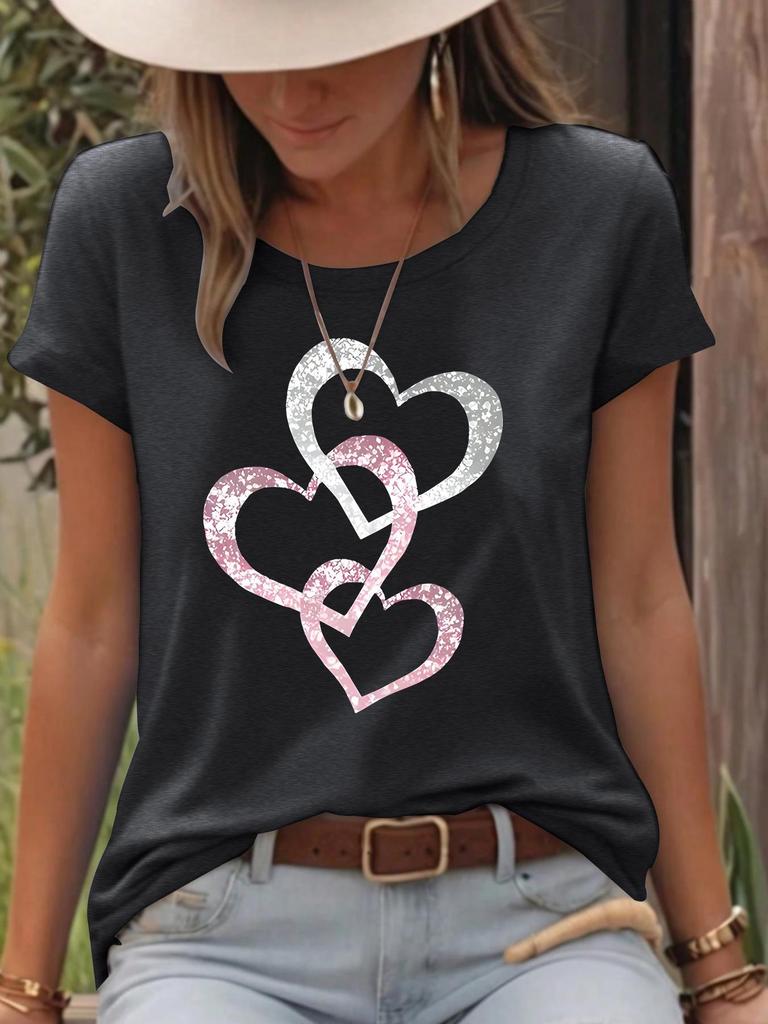 Heart Print Round Neck Short Sleeve Summer T-shirt - European & American Style