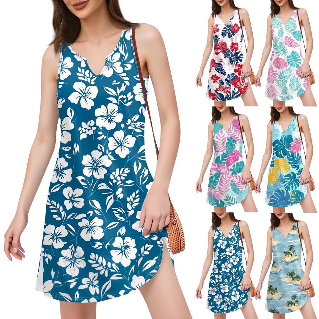 Women's Bohemian Leisure Temperament Seaside V-Neck Slit Print Dress