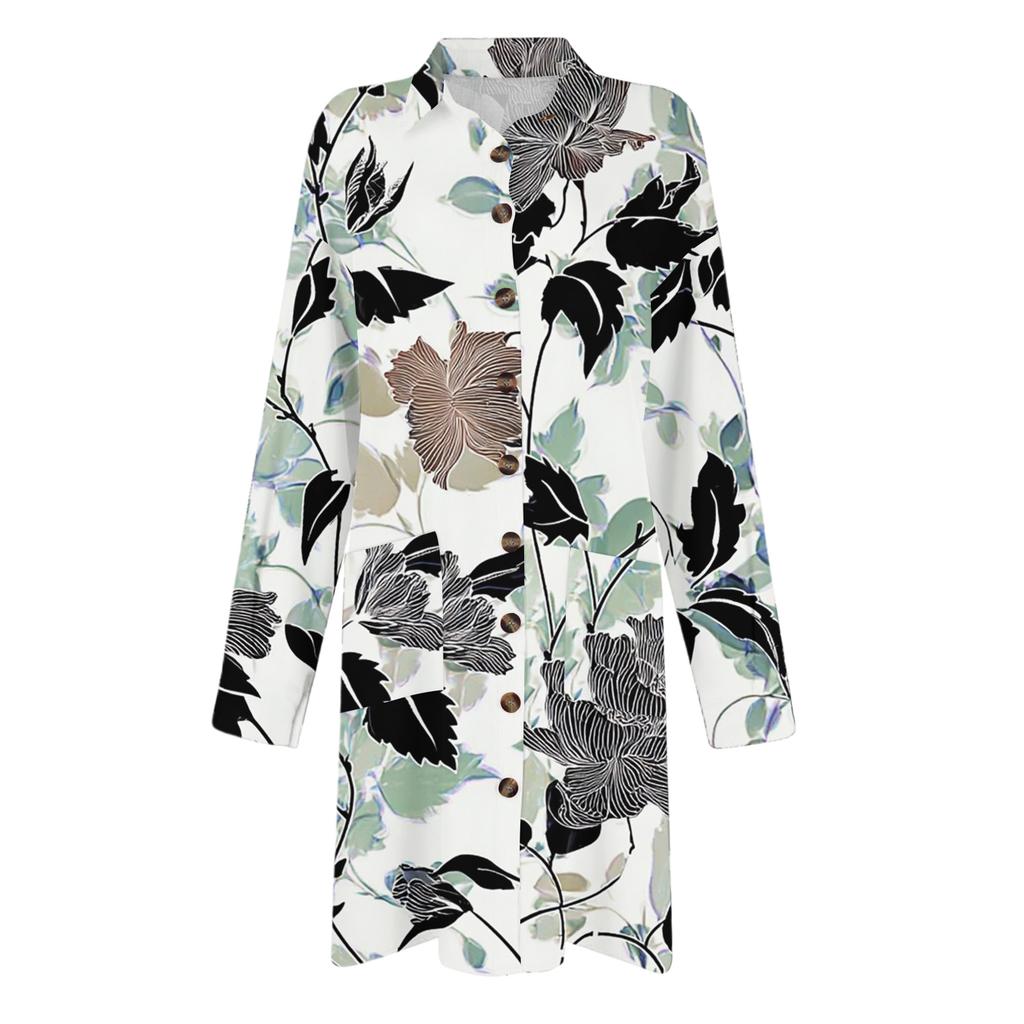 Women's Fashion Temperament Autun And Winter Button Lapel Pocket Long Sleeve Floral Print Dress