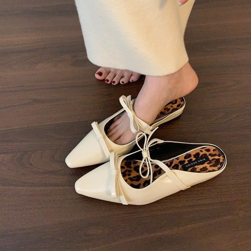 Flats Women Slippers Pointed Toe Bow Shallow Mules Shoes 2025 Summer Designer Walking Soft Slides Party Dress Female