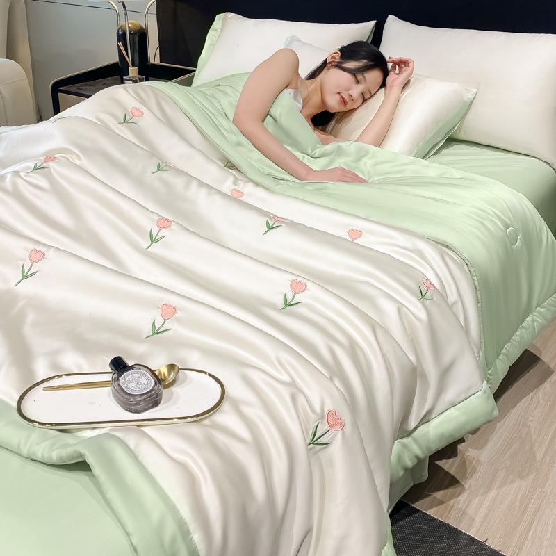 Embroidered Ice Silk Summer Quilt Set: 4-Piece, Machine Washable, Thin & Cool
