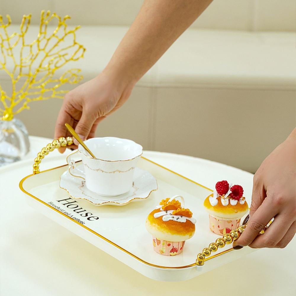 3PCS Light Luxury Plastic Tea Tray Set Golden Handle Rectangular Dessert Tray Stackable Thickened Brunch Tray Fruit