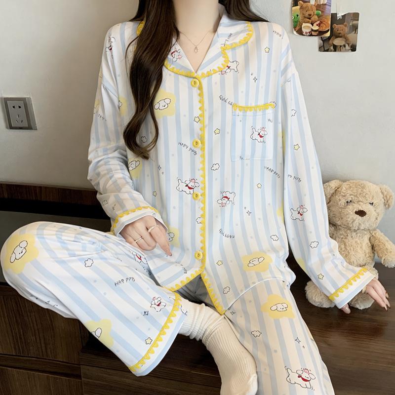 Roter gepunkteter Pyjama Damen High-End Frühling und Herbst Cartoon Muschel bestickter Rand Langarm Loungewear Set