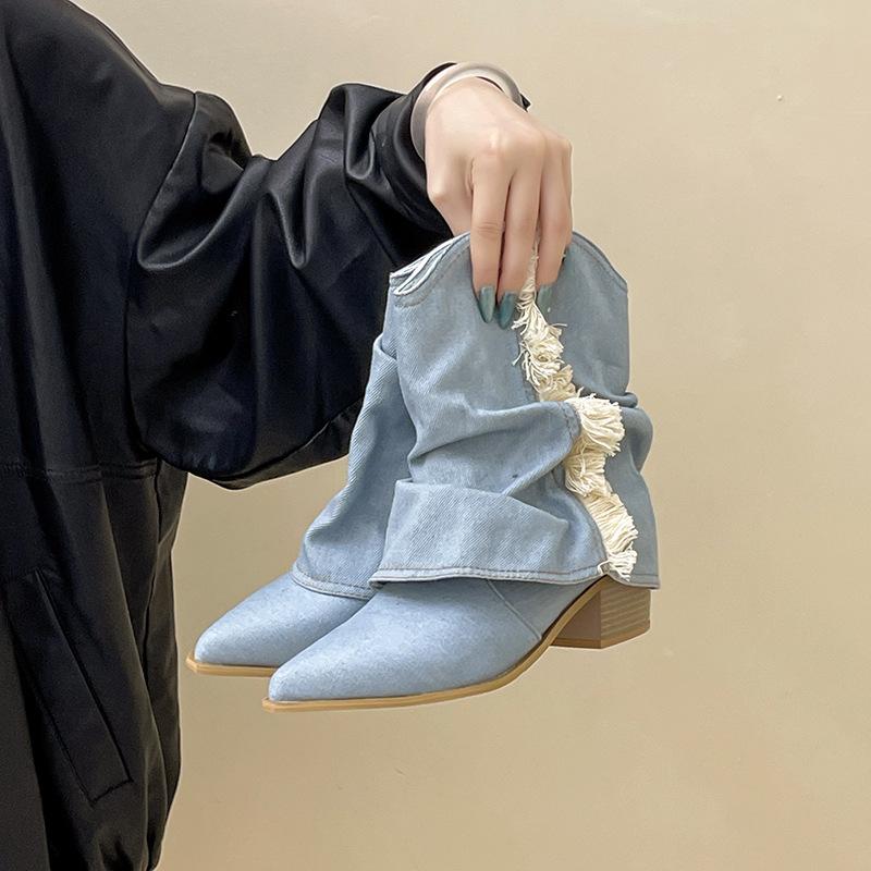 Versatile Retro Pointed Short Boots Thin Cowboy Boots Autumn and Winter Fashion Pleated Trouser Boots Thick Heel Medium Tube Fashion Boots