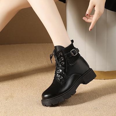 Fleece Thick-soled Heightening Martin Boots Women's British Style Short Boots Show Small Feet 2024 Autumn and Winter New Versatile and Thin Cotton Boo