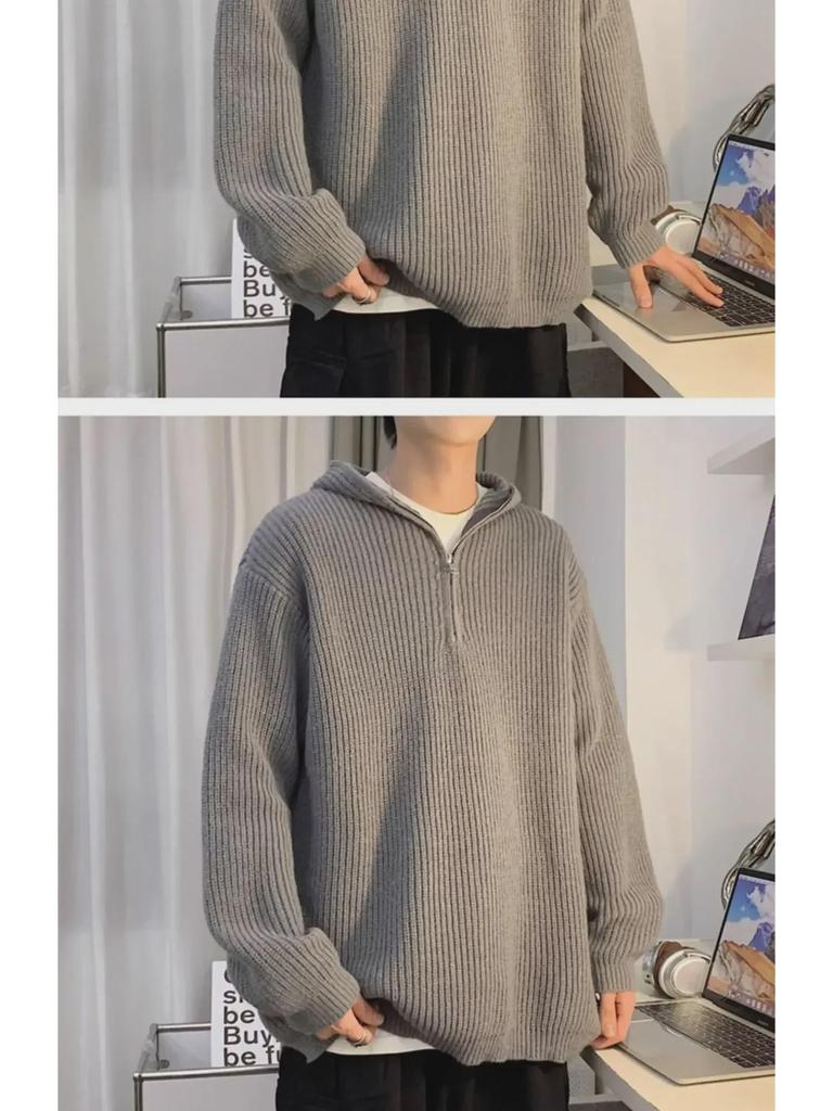 Men's Gray Cleanfit Half-Zip Hooded Sweater - Casual, Cool American Style Knitted Jacket