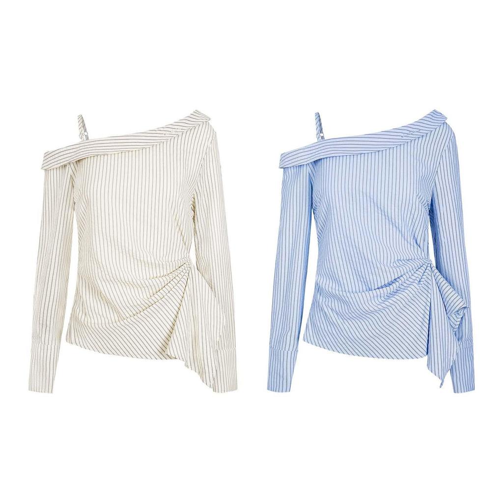 UNBDNS Women's One-Shoulder Striped Tie-Up Shirt: Slimming, Versatile Long Sleeve Top for Autumn