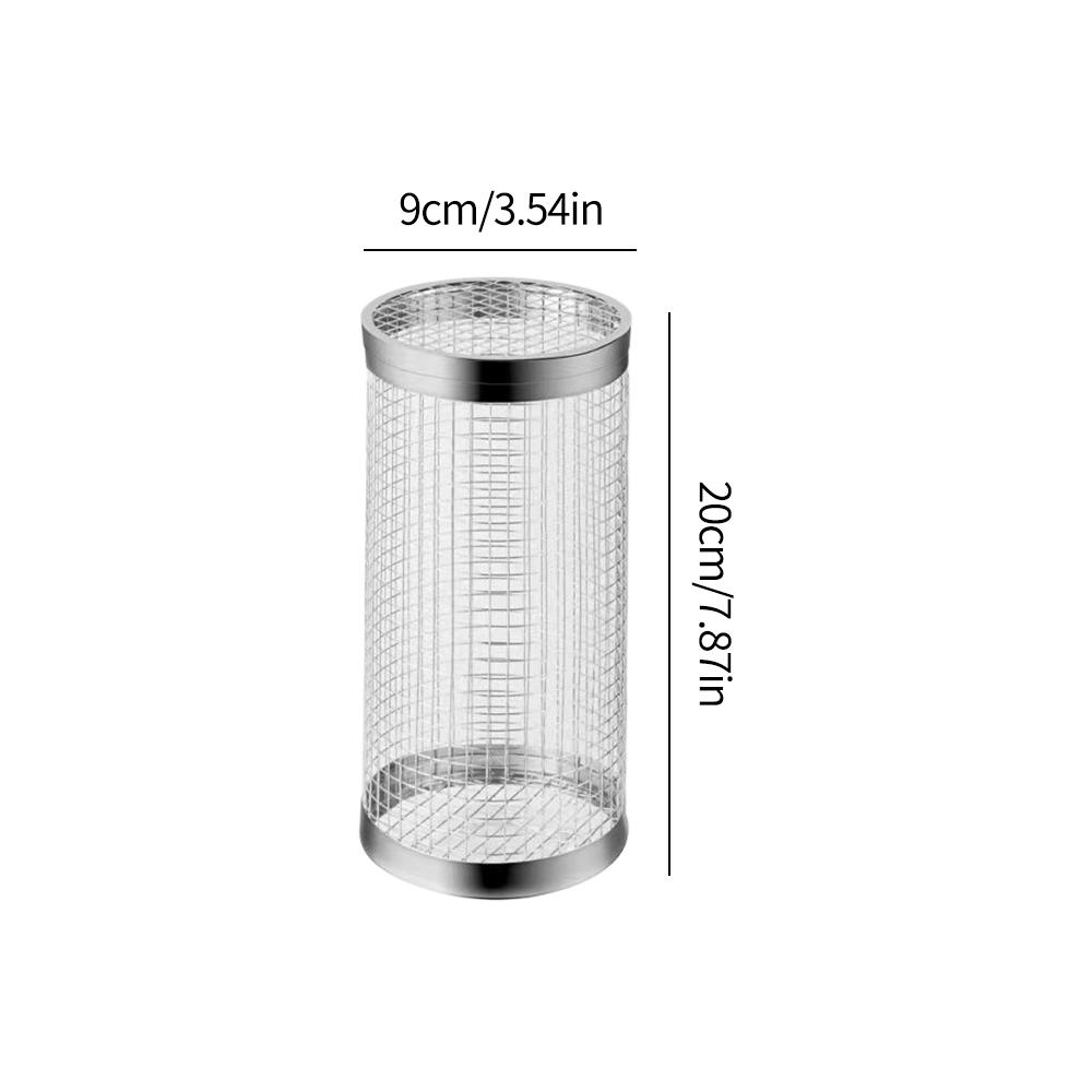 Round BBQ Basket Stainless Steel Rolling Grilling Basket Wire Mesh Cylinder Grill Basket Portable Outdoor Camping Barbecue Rack