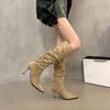 Long Boots Spring and Autumn New Style Slim Heel Long Tube Boots Wrinkled Pile Boots Mid Tube High Tube Boots Women's Long Boots