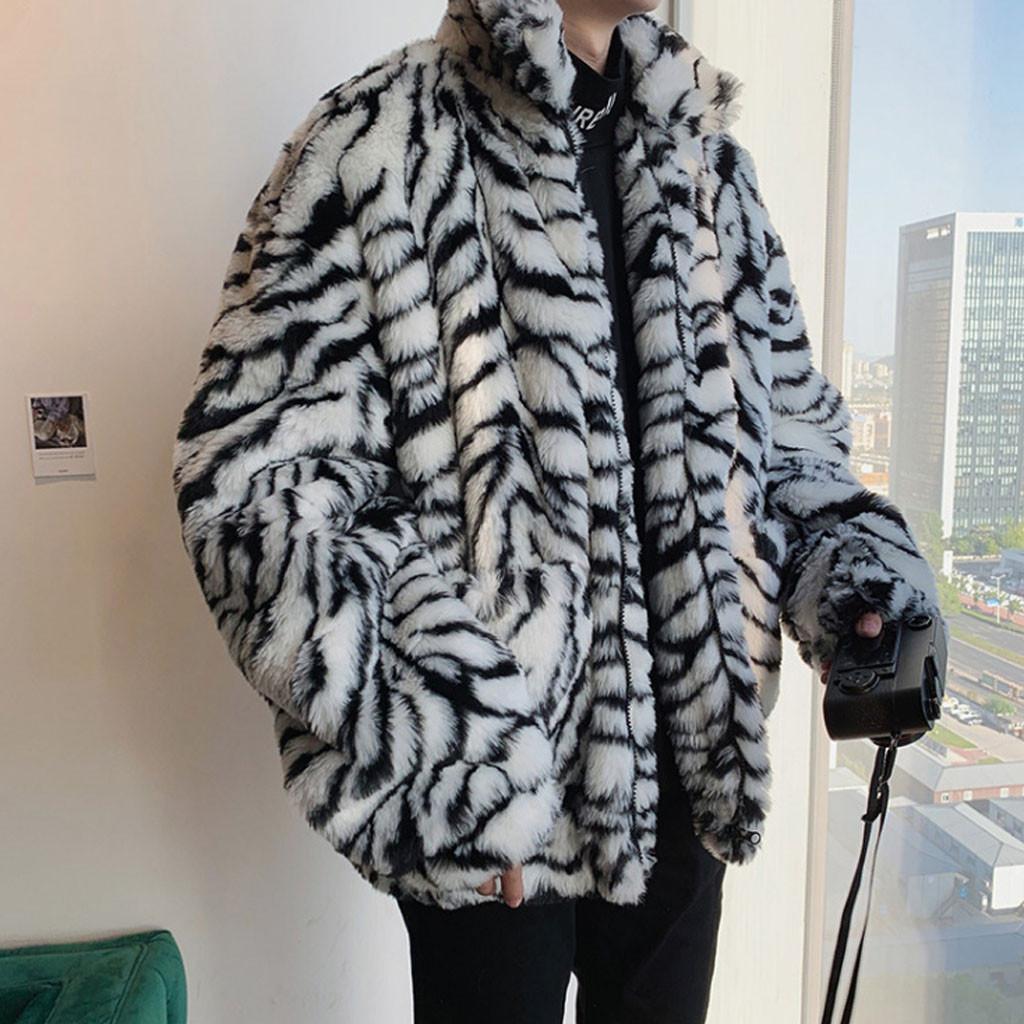 Men Leopard Winter Warm Fashion  Outdoor Woolen Faux-Fur' Coat Collar OverCoat