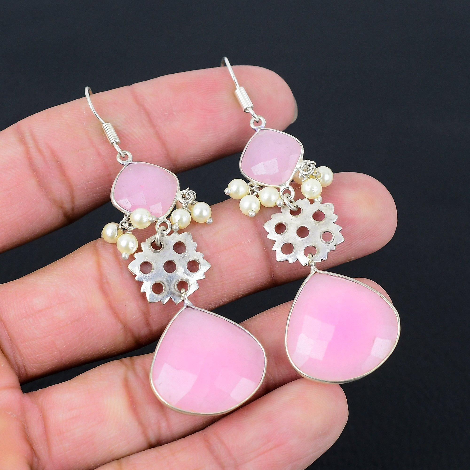 

Sterling Silver Pear Pink Chalcedony Gemstone Unique New Dangle Earrings Jewelry