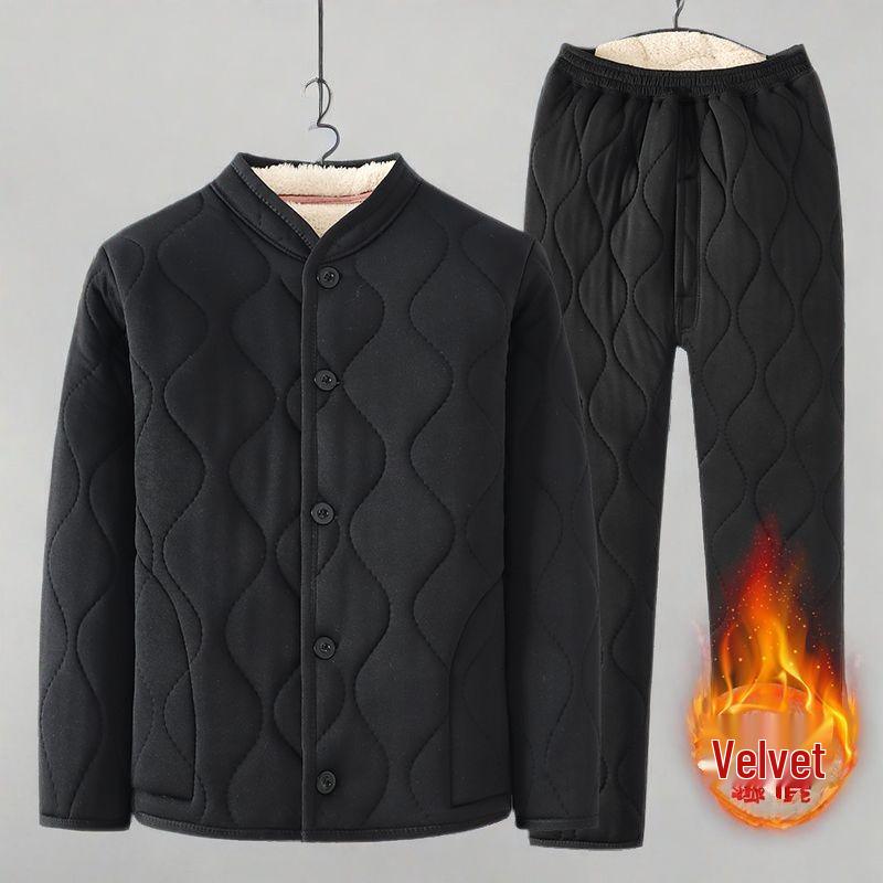 Elderly Men's Fleece-Lined Cotton Jacket & Pant Set - Warm Camel Hair Finish