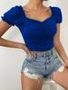 Summer Women's Square Neck T-shirt Fashion Slim Short-sleeved Short Tops Pleated Design Pure Color T-Shirt
