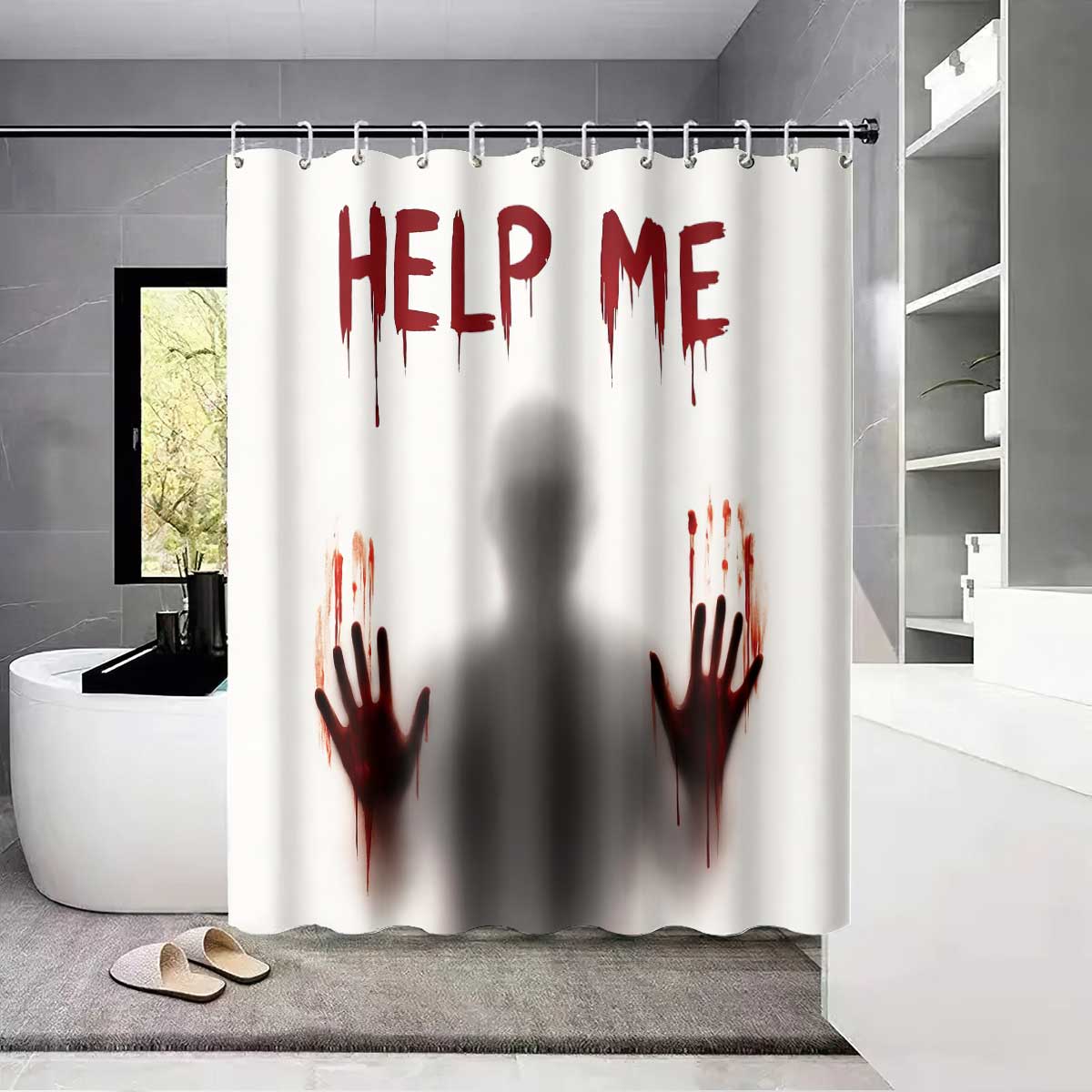 Exquisite Fashion Items 1Pc Terrifying Blood Handprint Pattern Printed Shower Curtain, Waterproof, With 12 Hooks, Bathroom Showers, Bathtub, Home Use
