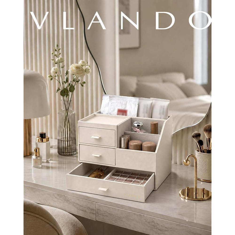 VLANDO Desk Organizer, PVC Leather, Three Drawers, Small Item Storage, Cosmetic Storage, Office,