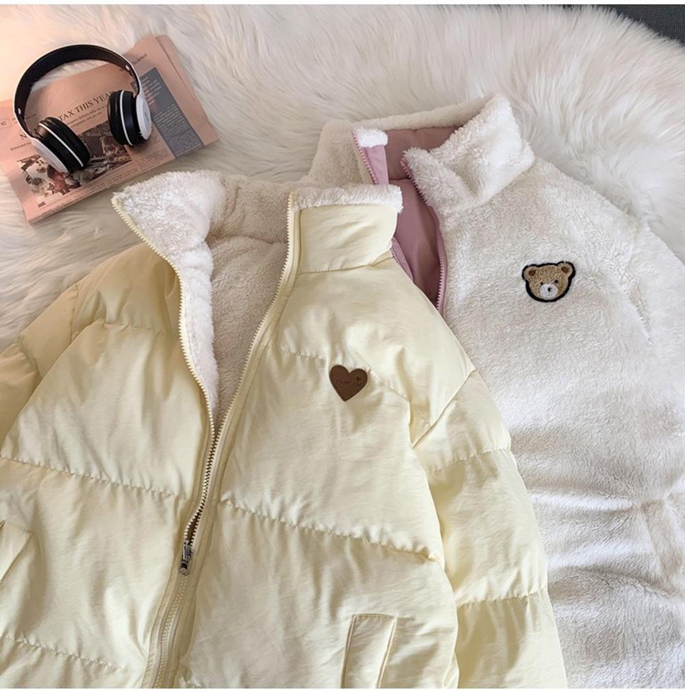 Zimowy haftowany płaszcz parkowy Casual śliczny koreański styl dwustronny projekt gruba luźna ciepła kurtka damska zapinana na zamek