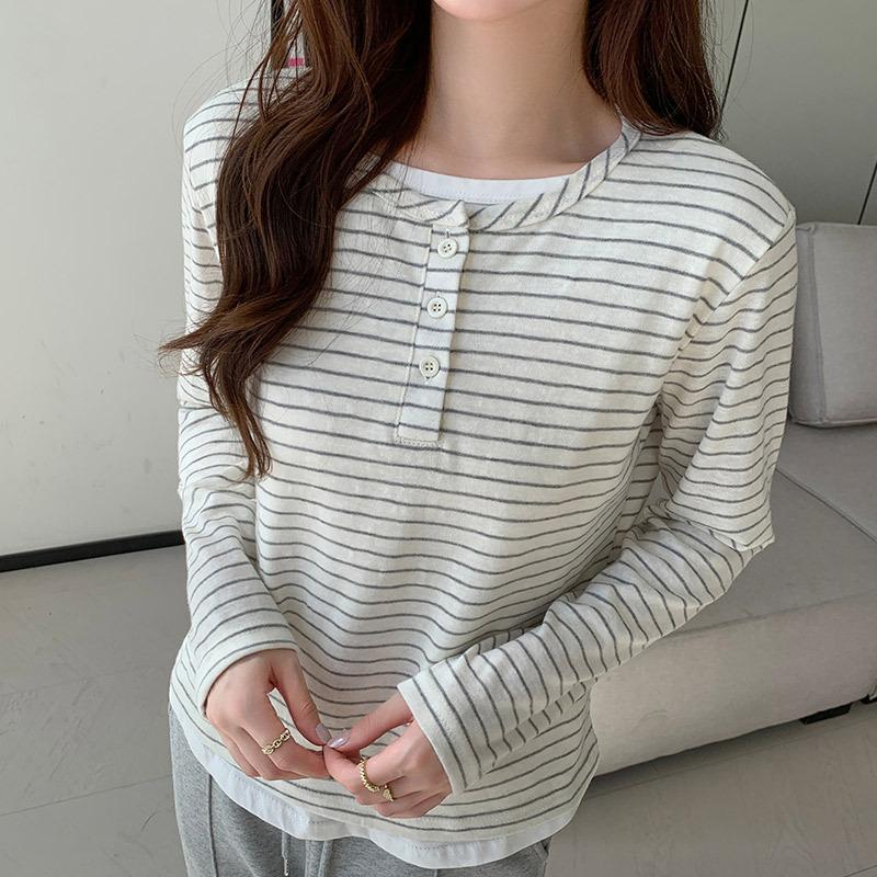 

K7 Korean crew neck fake two-piece striped T-shirt women s early autumn loose lazy cotton bottoming shirt xl fits 62.5-70kg