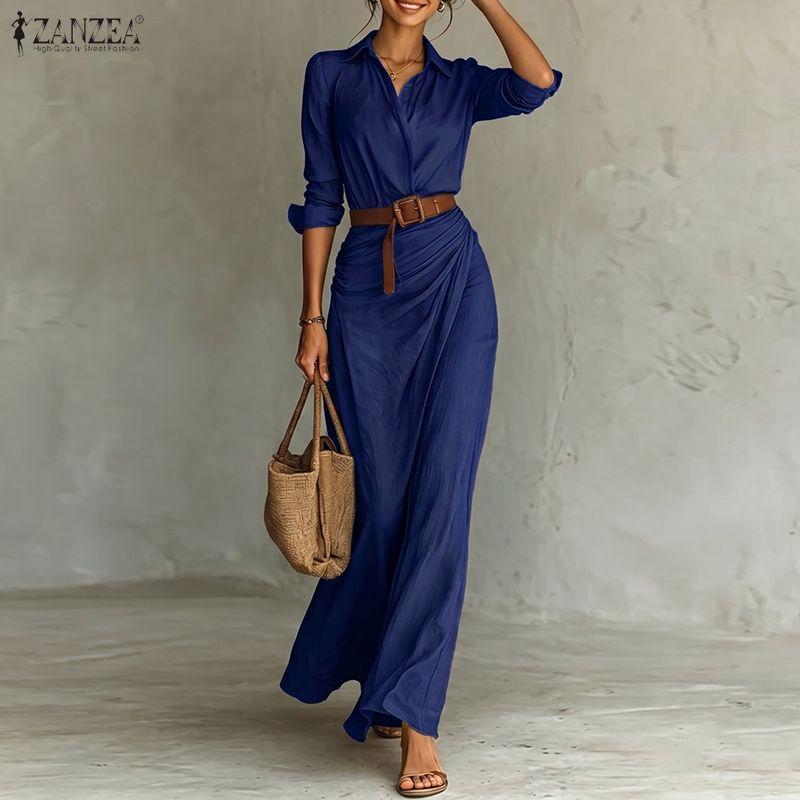 ZANZEA Women Casual Turn Down Collar Solid Color Long Sleeve Loose Long Shirt Dress