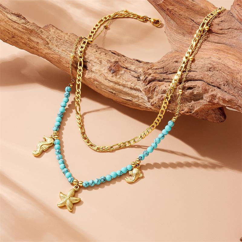 Women s Stainless Steel Double Layer Necklace Blue Beads Starfish Seahorse Pendant Gold Plated Summer Beach Jewelry one size