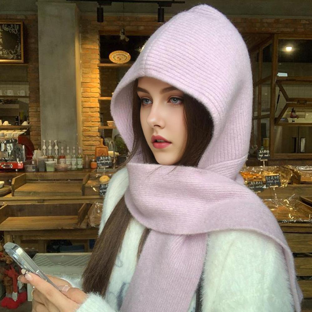Korean Balaclava hat women's autumn and winter warm ear protection strap knitted hat versatile scarf integrated ear protection hat