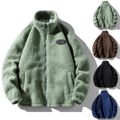 Men Faux Sherpa Jacket Autumn Winter Thick Warm Stand Collar Zipper Pocket Long Sleeves Casual Loose Fit Solid Color Male Casual Coat