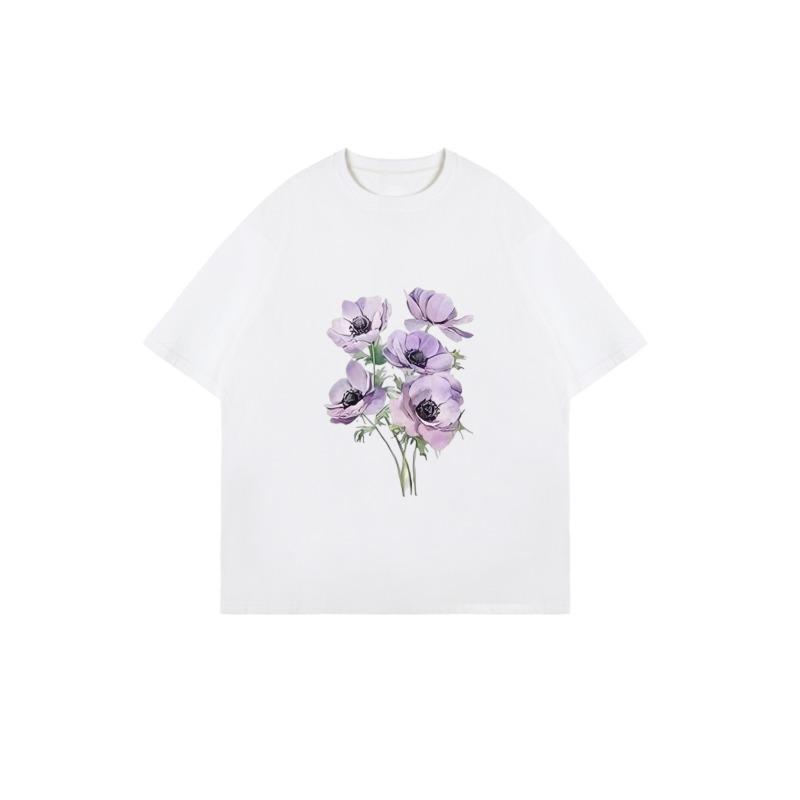 Oversized T Shirt Black Purple Flowers Print Casual Wear For Women Summer Outfit Street Style Fashion Top