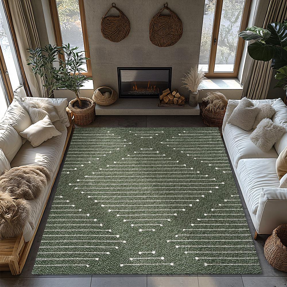 Dark Green Geometric Bohemian Rug, White Line Pattern Non-Slip Carpet, Natural Living Room Mat for Cozy Home Decor