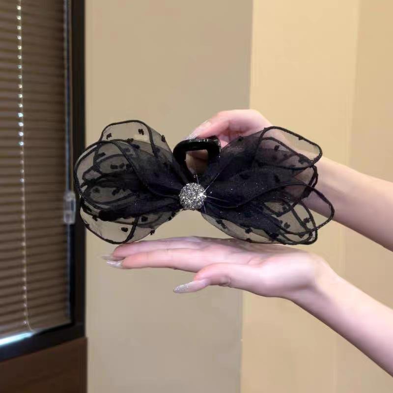 

Высококлассное женское украшение для головы с бантом в горошек на зажиме сзади на голове, зажимом-акулой и полузаколкой для волос чёрный