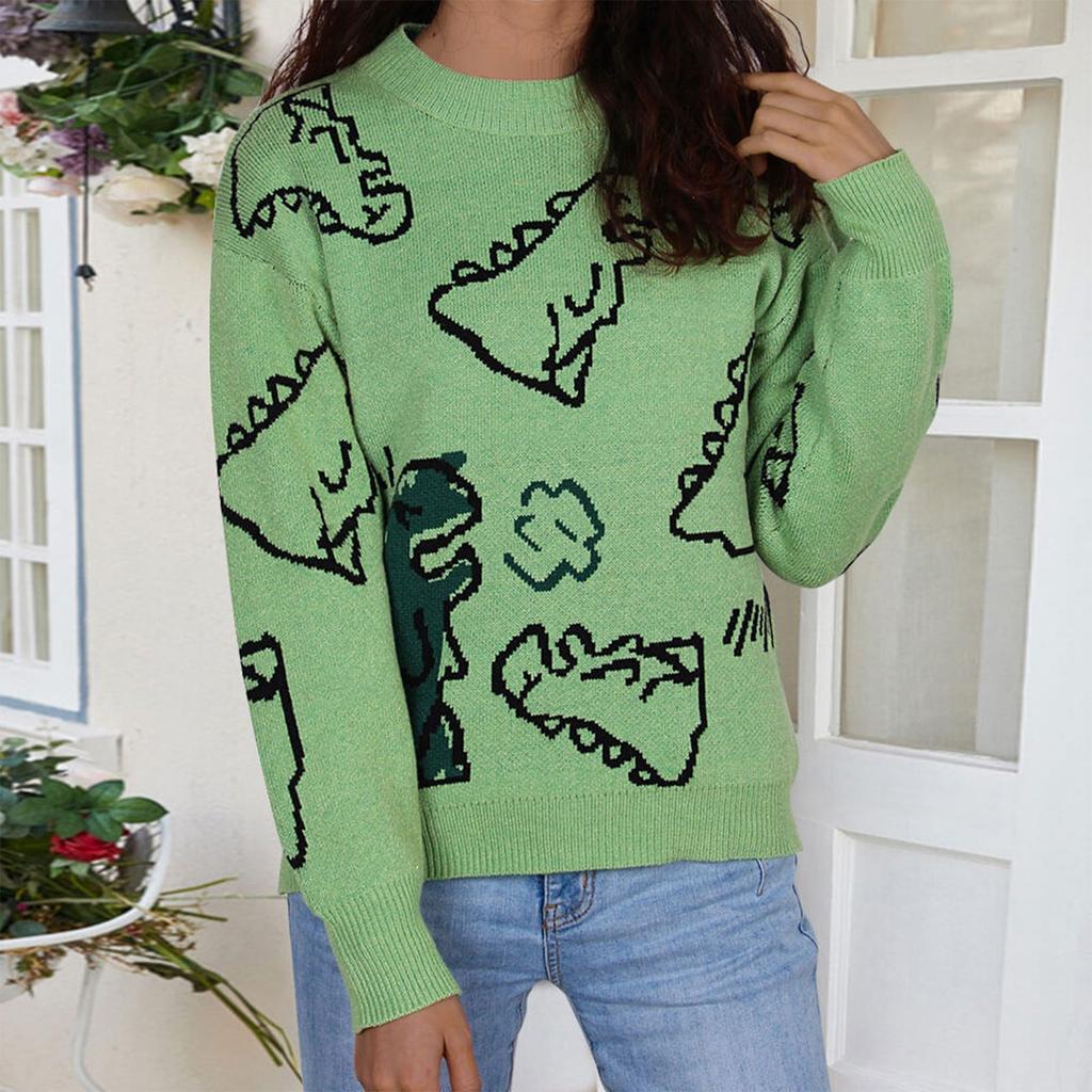 Women’s Dinosaur Knit Sweater O-Neck Cute Oversized Pullover Sweaters