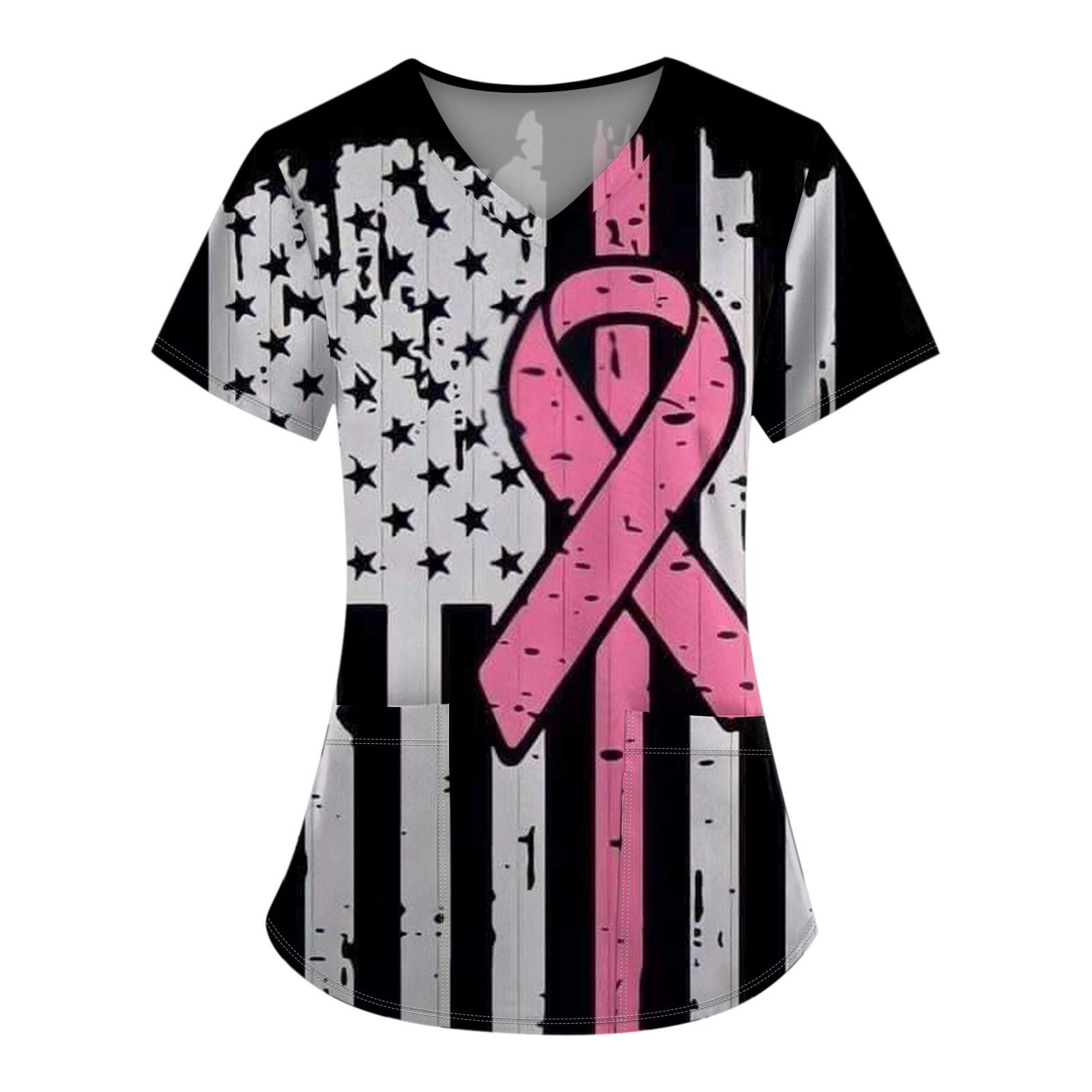 

Женская модная рабочая одежда с v-образным вырезом и коротким рукавом с карманной футболкой с принтом. M чёрный