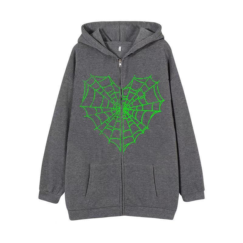 Colorful Spider Web Print Zip Up Hoodie Loose Fit Streetwear Y2K Couple Outerwear