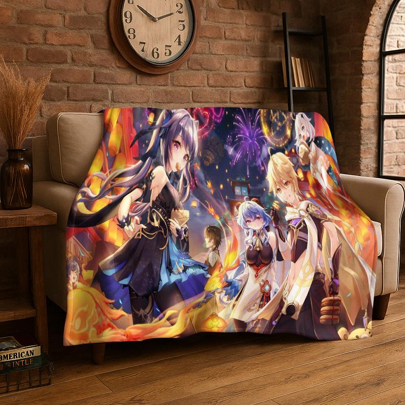 New Genshin Impact Cartoon Game Flannel Blanket Soft Warm Throw Blanket for Bedroom Living Room Bed Travel Camping Picnic Gift