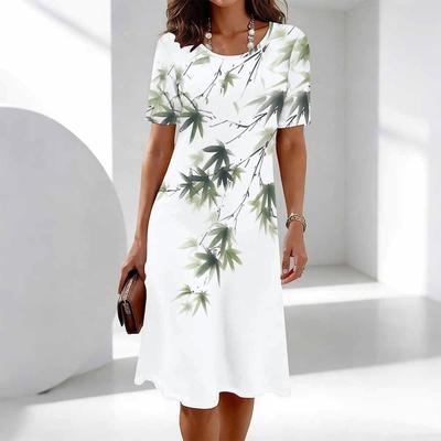 Moda Femenina Elegante Hermoso Estampado de Flores y Líneas Verano Primavera Manga Corta Cuello Redondo Vestidos Casuales