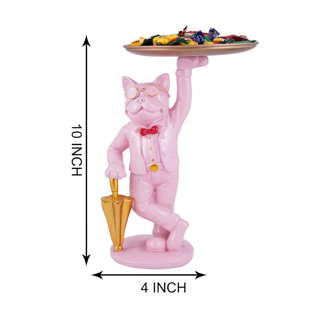 Bulldog with Tray Figurine Scluputre for Home Decor Showpiece, Living Room Decor Showpiece,Kitchen, Office, Gifts Item, Table Decoration (Pink)