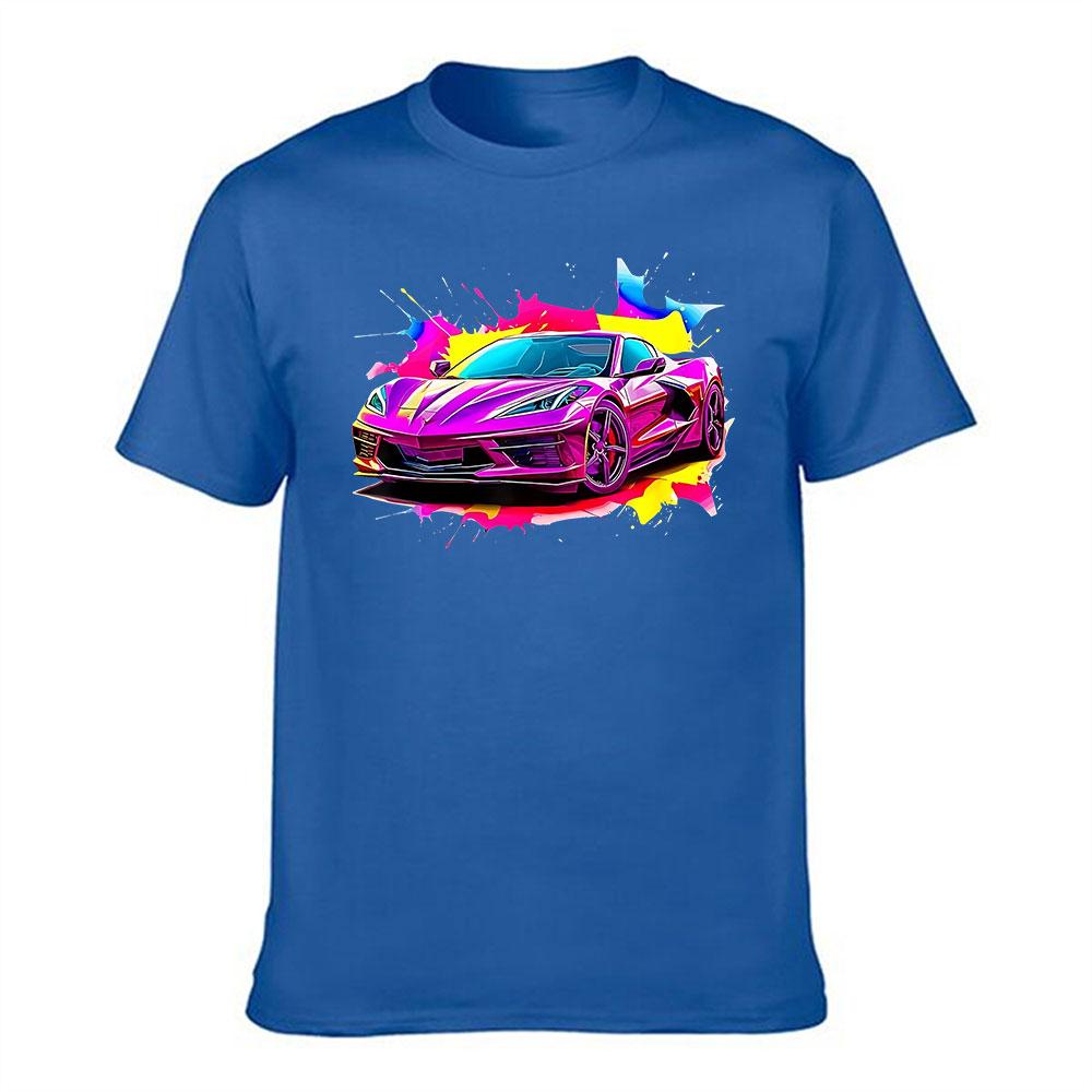 Vibrant Pink Sports Car Graphic Cotton Tshirt For Unisex Bold Splash Art Print Casual Short Sleeve Tee Trendy Streetwear Top For