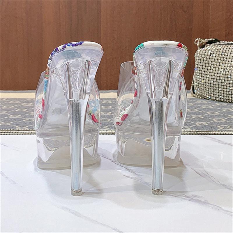 Women Summer 14cm High Heels 4cm Platform Slides Mules Lady Floral Print Stripper Slippers Blue Clear Extreme Heels Shoes