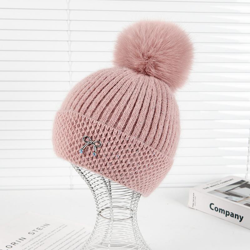 Herbst- und Winter-Bommelmütze Mädchen Lässig Samt Verdickt Ohrenschützer Strickmütze Niedliche Warme Mütze