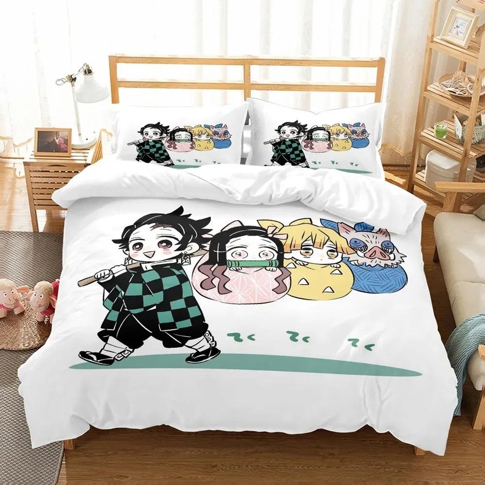 3D Anime Demon Slayer Duvet Cover Sets with Pillow Cover Polyester Teens Boys Bedding Set Full Queen King Size Cartoon Bed Linen