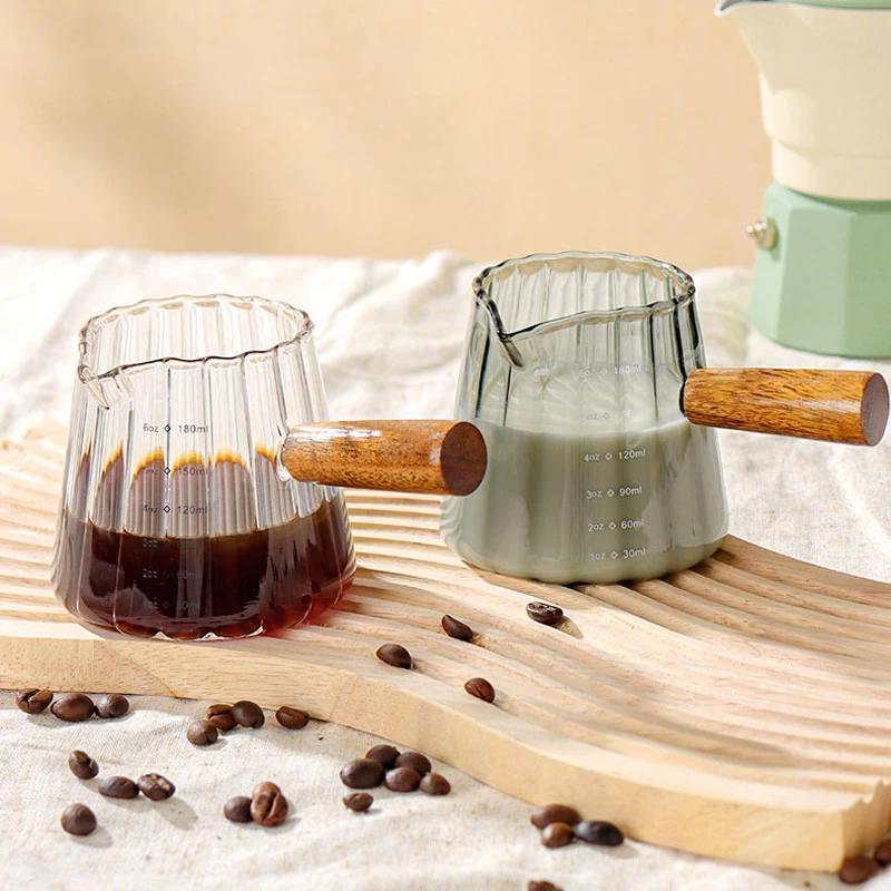 180ML Espresso Cup With Wood Handle Milk Coffee Measuring Glass wth Scale Liquid Frothing Jug Latte Art Mug Coffee Accessories