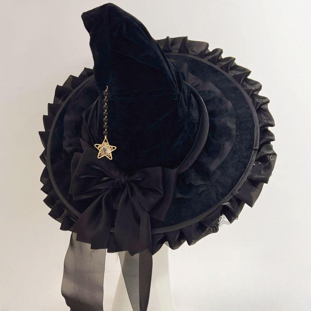 Handmade Dark Goth Lolita Wide-Brim Witch Hat for Halloween