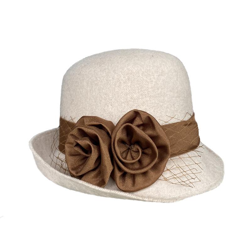 Autumn And Winter Satin Flower Woolen Hat Women'S Dome Curled Top Hat Women'S British Retro Bucket Hat