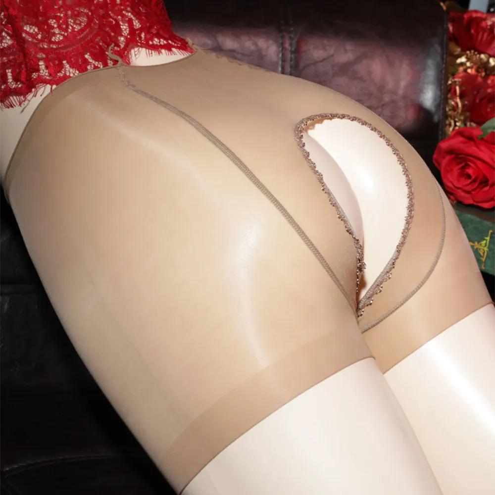 Men Open Crotch Sheer Boxers Gay Oil Shiny See Through Glossy Underwear Shorts Imitates Lingerie Underpants Sissy Panties
