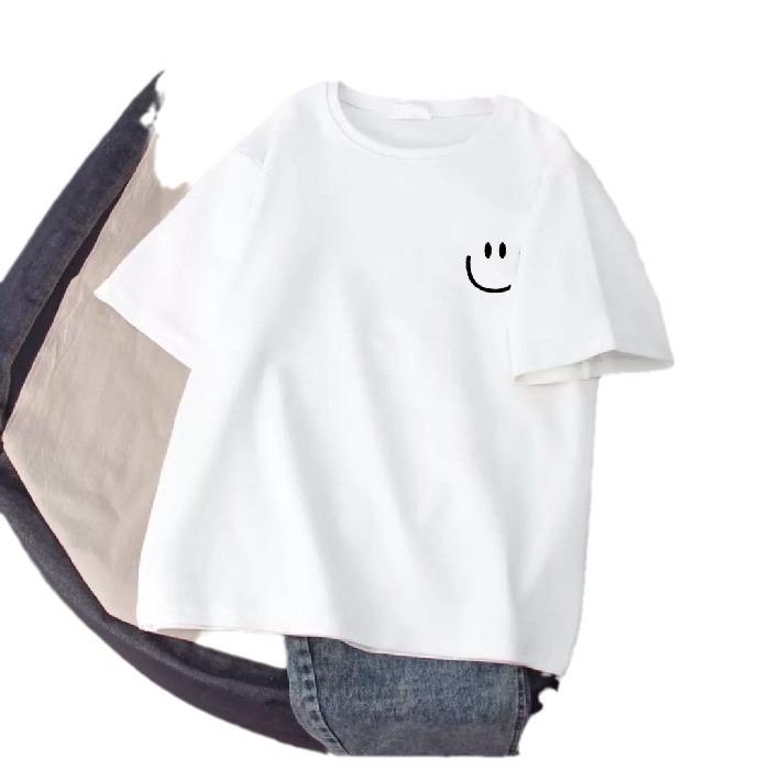 Kids' White Cotton Smiley Face T-Shirt - Short Sleeve, Loose Fit, Medium & Large Sizes
