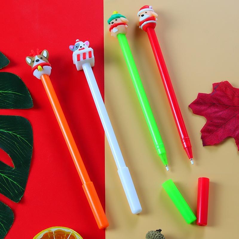 15Pcs Back to School Season Student Stationery, Novelty Puppy Topper Writing Pen With Christmas Style Hat, Bright Green Smooth Pen Shaft, Fun Decorati
