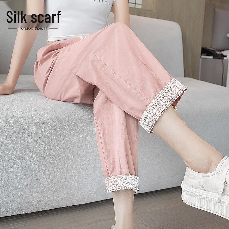 Women s Elastic Waist Lace Patchwork Cropped Harem Pants L